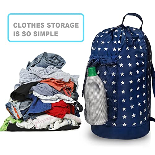 Dalykate Backpack Laundry Bag, Laundry Backpack with Shoulder Straps and Mesh Pocket Durable Nylon Clothes Hamper Bag with Drawstring Closure for College, Travel, Laundromat, Apartment - color: Starry Blue