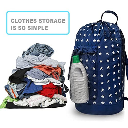 Dalykate Backpack Laundry Bag, Laundry Backpack with Shoulder Straps and Mesh Pocket Durable Nylon Clothes Hamper Bag with Drawstring Closure for College, Travel, Laundromat, Apartment - color: Starry Blue