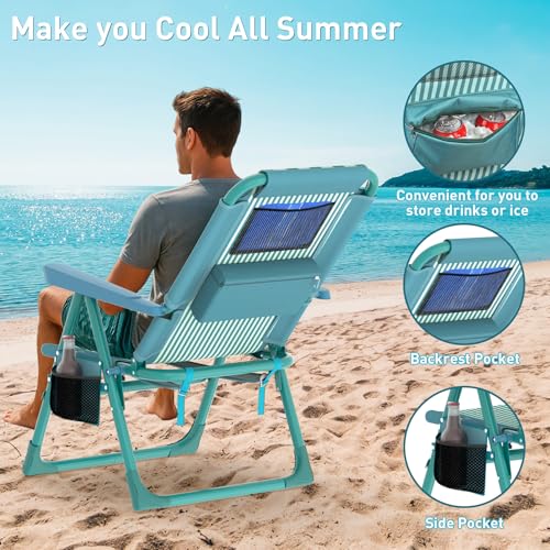 Suteck Tall Beach Chair 2 Pack, Backpack Beach Chair for Adults with 6-Position, Cooler Bag, Cup Holders, Folding Beach Camping Chairs for Camping, Outdoor, Sand, Travel Use - color: Green Small Striped
