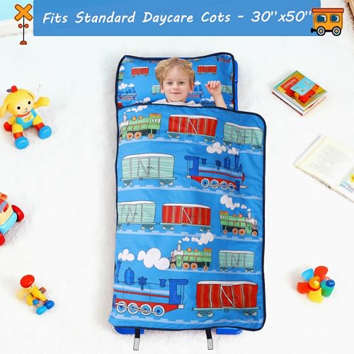 Lasoftan Toddler Nap Mat with Pillow and Blanket, Extra Large Rolled Napping Mats,Slumber Bags for Boys Girls,Kids Sleeping Bag for Daycare, Preschool Travel Camping - color: Blue Train