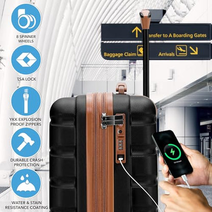 Flight Knight 22x14x9 Expandable Carry On Suitcase Hardside TSA Lock USB C Port Lightweight Luggage Silent Double Spinner Wheels Maximum Overhead Carry-On Bag American United Approved Black/Tan - color: Black/Tan, size: 22x14x9"