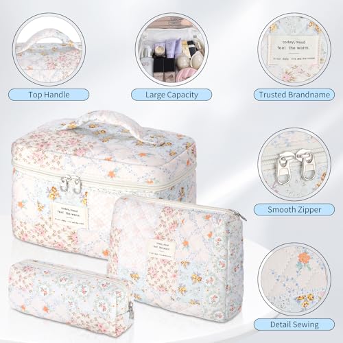 senbowe Floral Makeup Bag, 3 Pack Large Cotton Quilted Makeup Bag Set, Cute Floral Coquette Aesthetic Toiletry Bag Make Up Cosmetic Bag for Women, Toiletry Travel Make Up Organizer Bag - color: Pink Flower