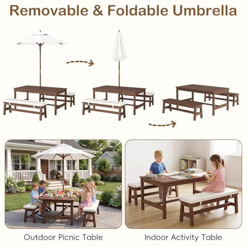 Olakids Kids Picnic Table, Outdoor Wooden Bench Set with Removable Cushions Adjustable Foldable Umbrella, Toddler Backyard Furniture for Patio Garden