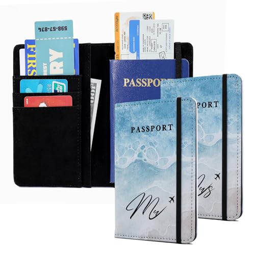 Passport Book Holder,Passport Wallet for Men Mr and Mrs Passport Holder for Women Passport Cover World Map Passport Case for Couples Christmas Traveling Passport Book Protector 2PCS - color: Simple Beach Ocean-Couple 2Pcs
