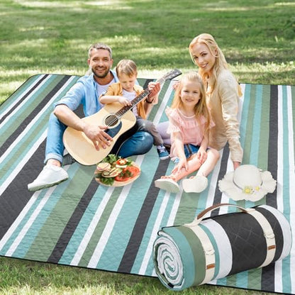 Picnic Blankets Outdoor Extra Large - 80"x80" Waterproof Beach Blanket, Machine Washable 3-Layer Foldable Park Mat with Sandproof Backing for Grass, Hiking, Travel, Concerts, Indoor (OliveStrip) - color: Olive Green