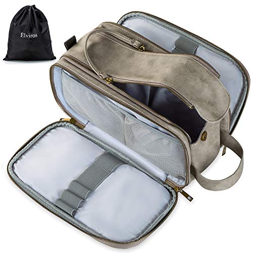Elviros Toiletry Bag for Men, Large Travel Shaving Dopp Kit Water-resistant Bathroom Toiletries Organizer PU Leather Cosmetic Bags - color: Grey, size: Large (Pack of 1)