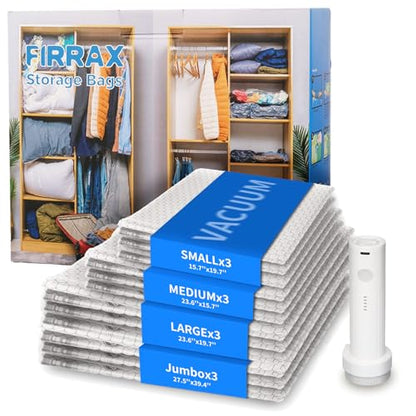12 Pack Vacuum Seal Bags for Clothing (3J+3L+3M+3S) Vacuum Storage Bags with Electric Pump, Space Saver Vacuum Bags for Clothes, Blankets, Bedding - size: 12 combo bags + Electric Pump