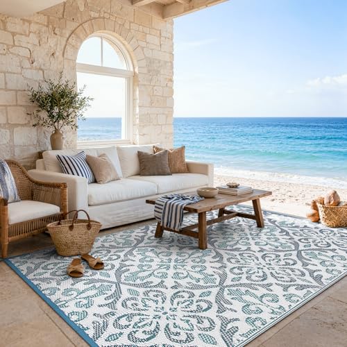 Lahome Patio Rug 6x9 Deck Rugs Outdoor Waterproof for Outside, Plastic Straw Rug Reversible Rv Mat,Large Portable Porch Floor Camping Carpet for Balcony Tent, Blue & White 6x9 - color: Blue&white, size: 6' x 9' (Rectangular)