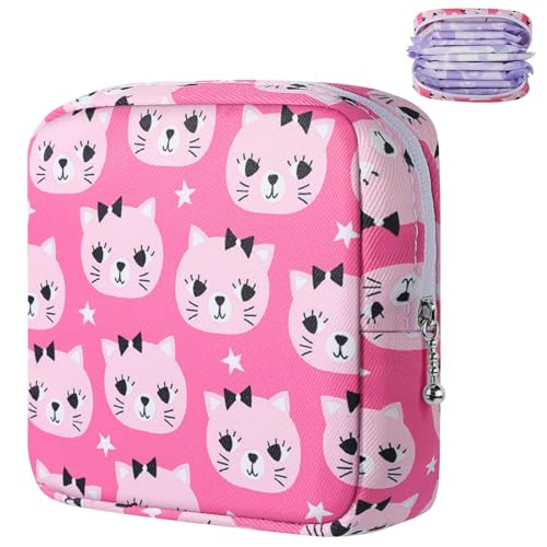 Likesing Period Bag Pouch, Canvas Sanitary Napkin Storage Bag for Girls Womens, Portable Sanitary Napkin Period Pad Pouch for Purse, Small Make Up Pouches(N0469) - color: Pink Cat