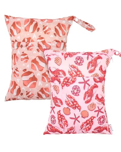 ALVA ALVABABY 2pcs Cloth Diaper Wet Dry Bags Waterproof Reusable with Two Zippered Pockets Travel Beach Pool Daycare Soiled Baby Items Yoga Gym Bag for Swimsuits or Wet Clothes 2LM23 - color: Lobsters and clownfish
