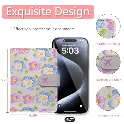Passport Holder, Travel Wallet Cover with Pen Loop | Cute RFID Blocking Leather Case with Magnetic Closure for Travel Essentials-Flower - color: E-Texture