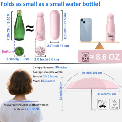 BAODINI Travel Essentials Mini Umbrella for Purse With Case Small Compact UV Sun Protection Lightweight Tiny Pocket Manual Open Close Umbrella for Women Kids and Men Fits Purse Backpack - color: D-1-Pink