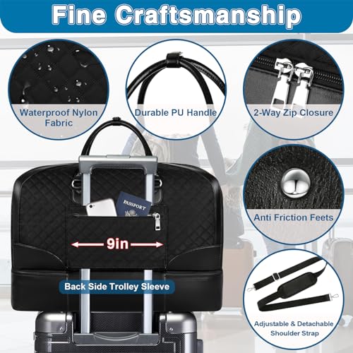 ITIEZY Weekender Overnight Bag for Women - Large Travel Duffel Bag with Shoe Compartment, Gym Duffel Bag Hospital Bag Carry On Tote Bags for Airplanes with Crossbody Bag Toiletry Bag 3Pcs Set - color: 9-black
