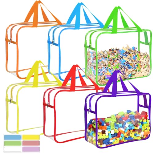 6 Color Large Toy Storage Bags with Labels, Reusable Clear PVC Board Game Storage, Travel Waterproof Organizer Bags with Zipper for Building Blocks, Puzzle, Kids Books - color: Multicolor, size: Large