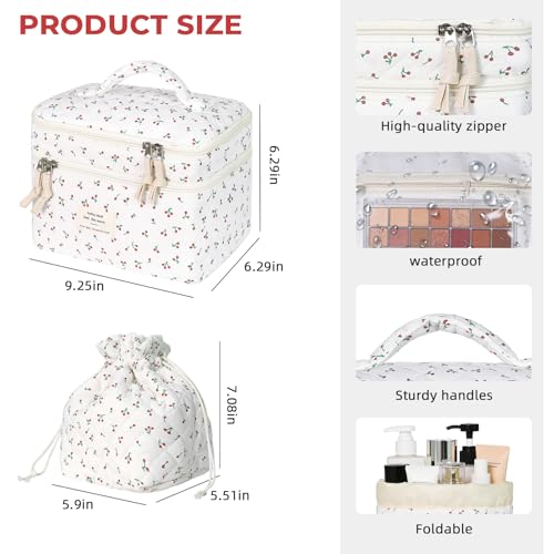 Gosect Makeup Bag, Quilted Cosmetic Bag Set, Drawstring Makeup Bag with Canvas Lining, Large Floral Toiletry Bag for Women Girls, Cute Cotton Flower Travel Organizer Bag (White Cherry - color: White Cherry