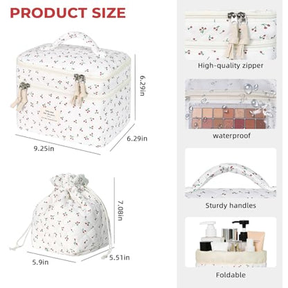 Gosect Makeup Bag, Quilted Cosmetic Bag Set, Drawstring Makeup Bag with Canvas Lining, Large Floral Toiletry Bag for Women Girls, Cute Cotton Flower Travel Organizer Bag (White Cherry - color: White Cherry