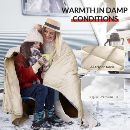 Camping Blanket with Zipper Pocket, 85'' x 61'' Large Wearable Hooded Blanket, Ultralight Warm Sleeping Bag, Windproof Camping Poncho for Outdoor Stadium Sports Gaming Hiking Picnic Concerts - color: Off-white