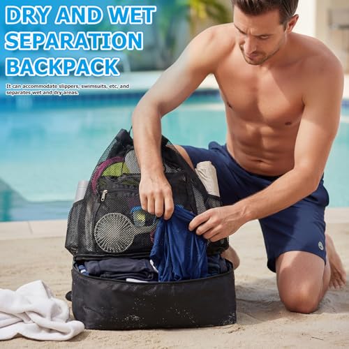 Mesh Beach Drawstring Backpack with Cooler Beach Bags Sandproof Swim Bags Leakproof with Zipper for Seaside Pool Travel - color: Black