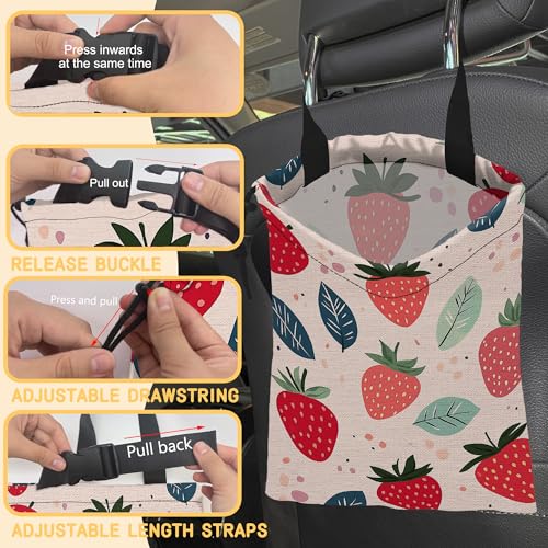 Cartoon Strawberry Car Garbage Bag, Small Car Trash Bag Hanging,Drawstring Car Garbage Bag with Adjustable Buckle for Car Back Seat,SUVs,Camping,Road Trips - color: Cartoon Strawberry