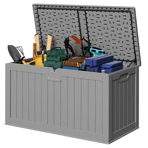 Devoko 240 Gallon Double-Wall Deck Box with Divider, Side Handles, Resin Outdoor Large Storage Box Waterproof and Lockable for Patio Furniture, Garden, Pool (Grey) - color: Grey, size: 240 Gallon 1 Pack