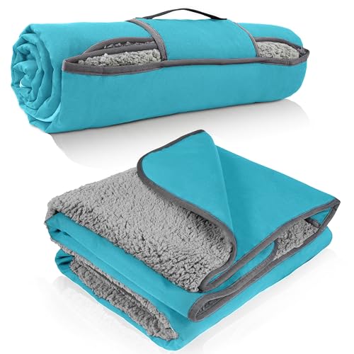 Tirrinia Waterproof Outdoor Blanket with Sherpa Lining, Windproof Triple Layers Warm Comfy Foldable for Camping Stadium, Beach, Picnic, Grass, Concerts, Car, Dog, 51''X 59'' & 59''X 80'' - color: Aqua/Grey, size: 51” x 59”