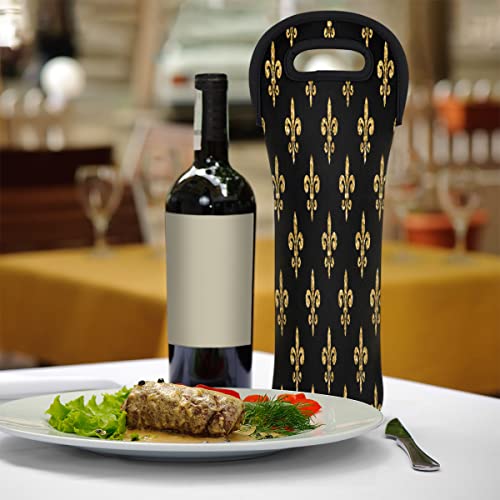 Golden Fleur-de-lis Wine Carrier Tote Bag 750ML Insulated Neoprene Wine Bag Tote Holder Covers Beer Champagne Bottle Protective Travel Or Gift Bag