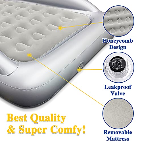 Inflatable Kids Travel Bed Toddler Air Mattress Set,Portable Blow Up Mattress Sleeping Bed Cot with Bed Rails and Electric Pump Ideal for Road Trip - color: Grey