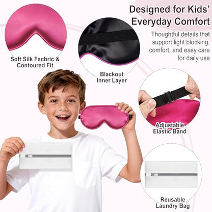 Kids Sleep Mask, Kids Eye Mask for Boys Girls, Kid Silk Eye Masks with Adjustable Strap for Sleeping, 100% Light-Blocking Sleep Eye Cover, Includes Protective Laundry Bag (Rose red) - color: Rose Red