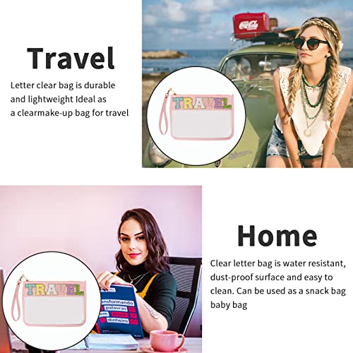 Iqimott Chenille Letter Clear Bag Travel Pouch, Monogram PVC & PU Makeup Cosmetic Bag Zipper Toiletry Pouch, Waterproof Portable Beach Snack Wristlet Bags for Women Girls(Travel, Pink) - color: Travel-Pink