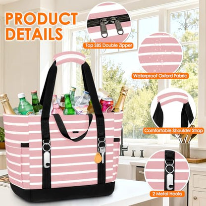 Cooler Bag Insulated, Soft Side Cooler, Reusable Grocery Bags with Zipper Closure, Thermal Leakproof Large Insulated Tote Bag for Hot/Cold Food for Grocery, Beach, Travel, Picnic - color: Pink and White