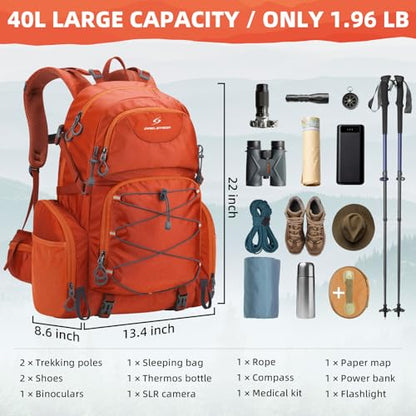 Maelstrom Hiking Backpack, 40L Waterproof Camping Daypack for Men and Women, Lightweight Travel Pack with Rain Cover (Orange) - color: Orange