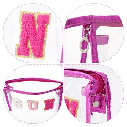 Clear Preppy Patch Cosmetic Bag, Sun Chenille Letter Bag for Beach, Clear Travel Pouch with Zipper, Small Toiletry Bag for Women Girls Teens Gift (Rose Red) - color: Rose Red