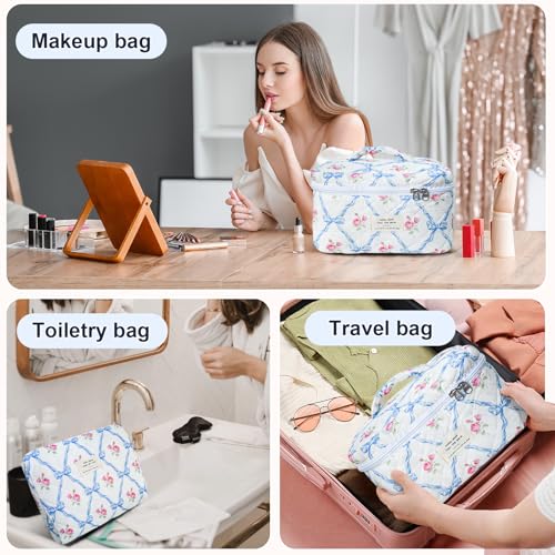 GISMTR 3Pcs Cotton Quilted Makeup Bag Large Travel Cosmetic Bag Coquette Makeup Pouch Cute Aesthetic Floral Toiletry Bag for Women Girls (flower-Q) - color: flower-Q