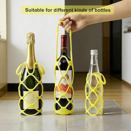 Honfor 2 Pack Silicone Wine Carrier Tote Bag Portable Reusable Foldable Single Wine Bottle Holder with Secure String Multi-functional Mesh Coaster Silicone Mesh bag for Fruit Bottles Beer Travel Mug
