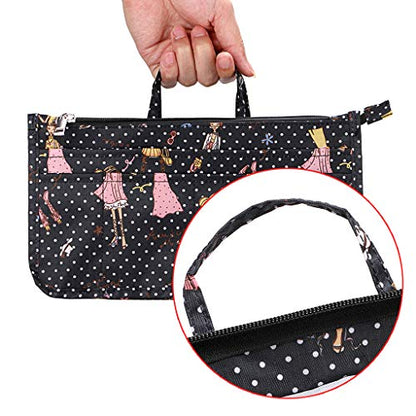 BTSKY Printing Handbag Organizers Inside Purse Insert-High Capacity 13 Pockets Bag Tote Organizer with Handle Fashion Style - color: Black+Pink