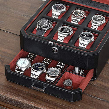 ROTHWELL Gift Set 6 Slot Leather Watch Box and 2 Watch Travel Case - Luxury Case Organizer, Microsuede Liner, Locking Mens Jewelry Watches Holder, Storage Boxes Glass Top (Black/Red Gift Set) - color: 6 Slot - Black/Red Gift Set