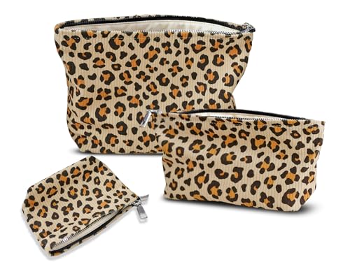 HAPPYHEIDI Cheetah Corduroy Makeup Bag Set 3 Cosmetic Toiletry Travel Pouch Purse Organizer, 3-Size, Vintage Brown Leopard - color: GZTH-Leopard Set of 3