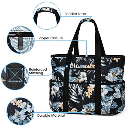Becokan Beach Bags for Women Large Beach Tote Bag with Zipper Pockets Beach Bag Waterproof Sandproof Travel Nurse Tote Bag - color: Black Flowers