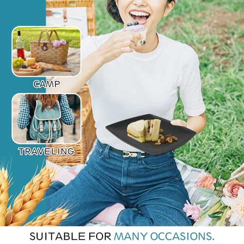 Teivio 88-piece With Flatware Plastic Kitchen Wheat Straw Square Dinnerware Set for 8, Unbreakable Dinner/Salad/Appetizer Plates, Snack Bowls, Dipping Sauce Cups,Tumblers, Dishwasher Safe Dish,Black - color: Black