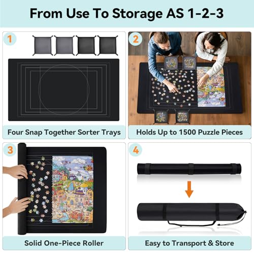 Puzzle Mat Roll Up with Drawstring Storage Bag, Portable Saver Pad 46” x 26” Up to 1500 Pieces with Non-Slip Rubber Bottom & Smooth Top + 4 Puzzle Sorting Trays & Travel-Friendly Storage Bag