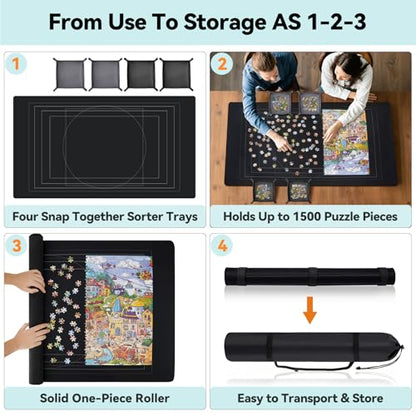 Puzzle Mat Roll Up with Drawstring Storage Bag, Portable Saver Pad 46” x 26” Up to 1500 Pieces with Non-Slip Rubber Bottom & Smooth Top + 4 Puzzle Sorting Trays & Travel-Friendly Storage Bag