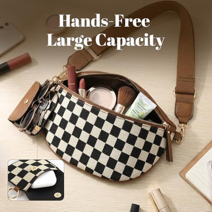 Checkered Crossbody Bag for Women Nylon Bum Bag Spacious Fanny Pack Adjustable Strap Lightweight Travel Everyday Purse Water Resistant Handbag (Solid Brown) - color: Solid Brown