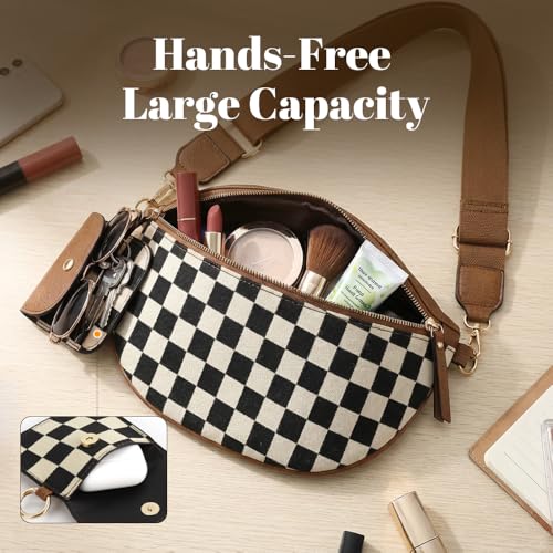Checkered Crossbody Bag for Women Nylon Bum Bag Spacious Fanny Pack Adjustable Strap Lightweight Travel Everyday Purse Water Resistant Handbag (Woven Brown) - color: Woven Brown