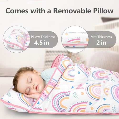 Primlect Toddler Nap Mat Extra Large Thickened 55''x35'', Soft Sleeping Bag with Detachable Minky Blanket and Pillow, Portable for Daycare, Preschool, Kindergarten, Travel, Boys and Girls - color: White Rainbow