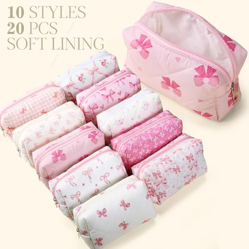 Paterr 20 Pcs Cotton Quilted Makeup Bag Bulk Coquette Cosmetics Bag Flower Aesthetic Essential Pouch Emergency Travel Toiletry Cotton Pouch Gifts for Women(Pink Bow) - style: Pink Bow