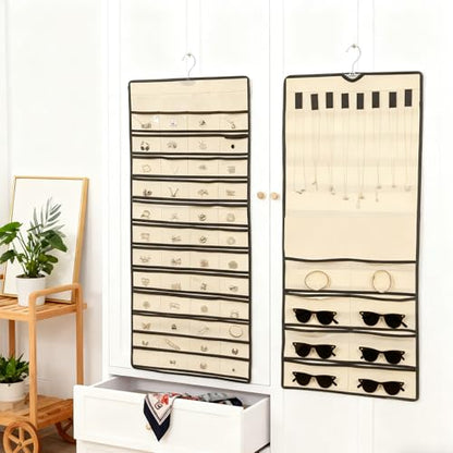Hanging Jewelry Organizer Pockets Canvas Double Sided Rotating Hanger Necklace Hanging Wall Organizer Jewelry Roll for Earrings, Necklaces,Sunglasses,rings (Beige) - color: Beige