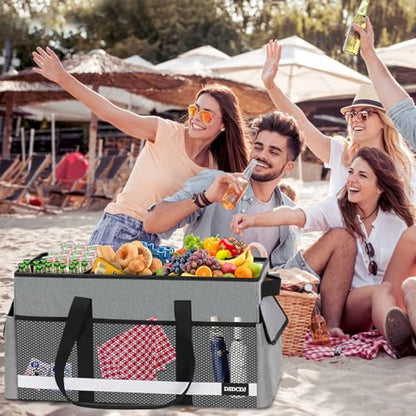 Upgrade Extra Large Utility Tote Bag with Reflective Strip, Standing Reusable Grocery Bags with Hard Bottom & 4 Sided Reinforced, Collapsible Utility Tote with Handles for Beach, Picnics, Car - color: Grey