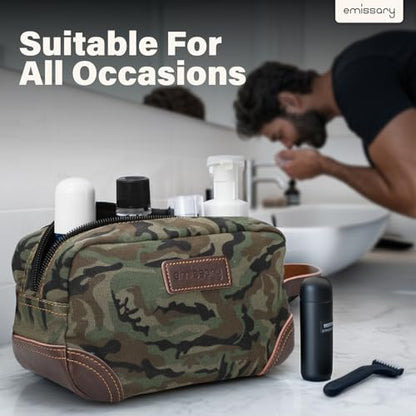 Emissary Leather & Canvas Dopp Kit - Men's Shaving & Toiletry Travel Bag, Small, Camo-Green - color: Camo-Green