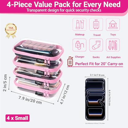 YQBRAO 4-Pack Clear Hard Shell Zipper Case, 1.2mm Ultra-Thick Diaper Bag Organizer Pouches, Rigid Self-Standing Travel Makeup Bags with YKK Zippers, TSA Approved, Pink - color: Pink, size: 4 Pack(S)