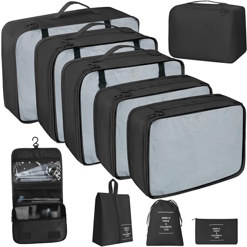 10 Pcs Set Packing Cubes - Travel Packing Organizers, Expandable Suitcase Organizer, Luggage Organizer Bags - color: BLACK